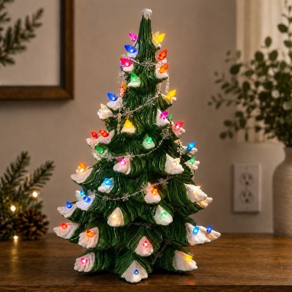 Vtg 1974 Atlantic Mold Ceramic Christmas Tree Large 23" Flocked Lighted Works